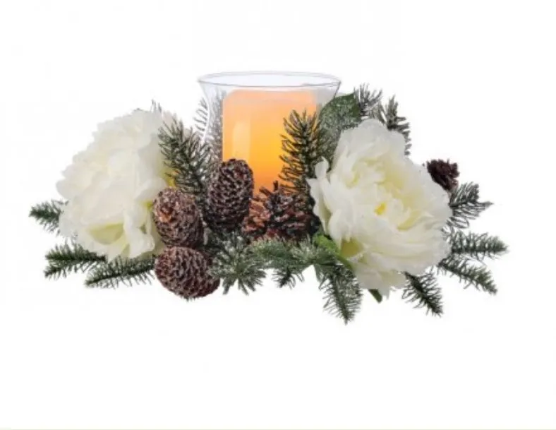 16" FROST PEONY PINE W/CONES GLASS HURRICANE
