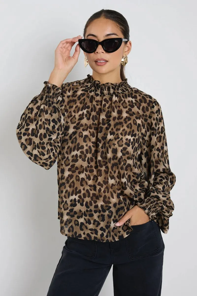 Among The Brave Embrace Georgette High Neck LS Top - Leopard