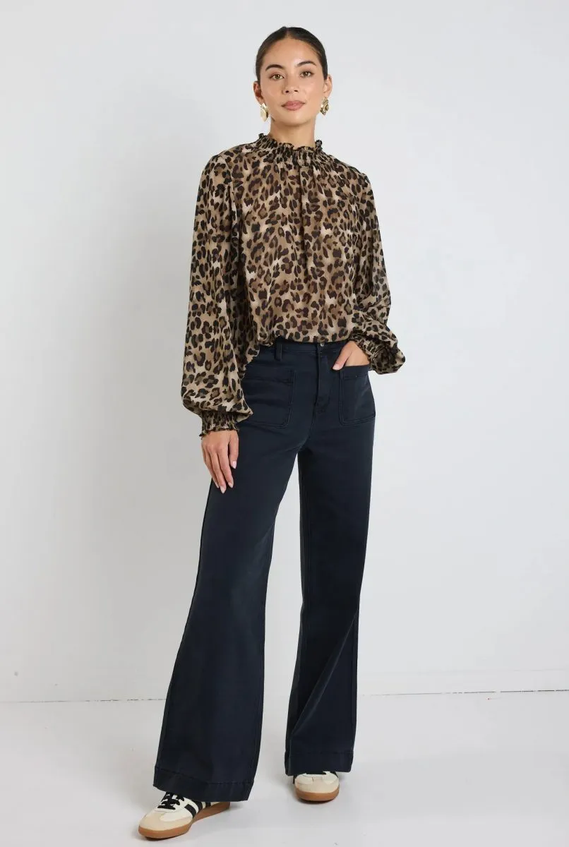 Among The Brave Embrace Georgette High Neck LS Top - Leopard