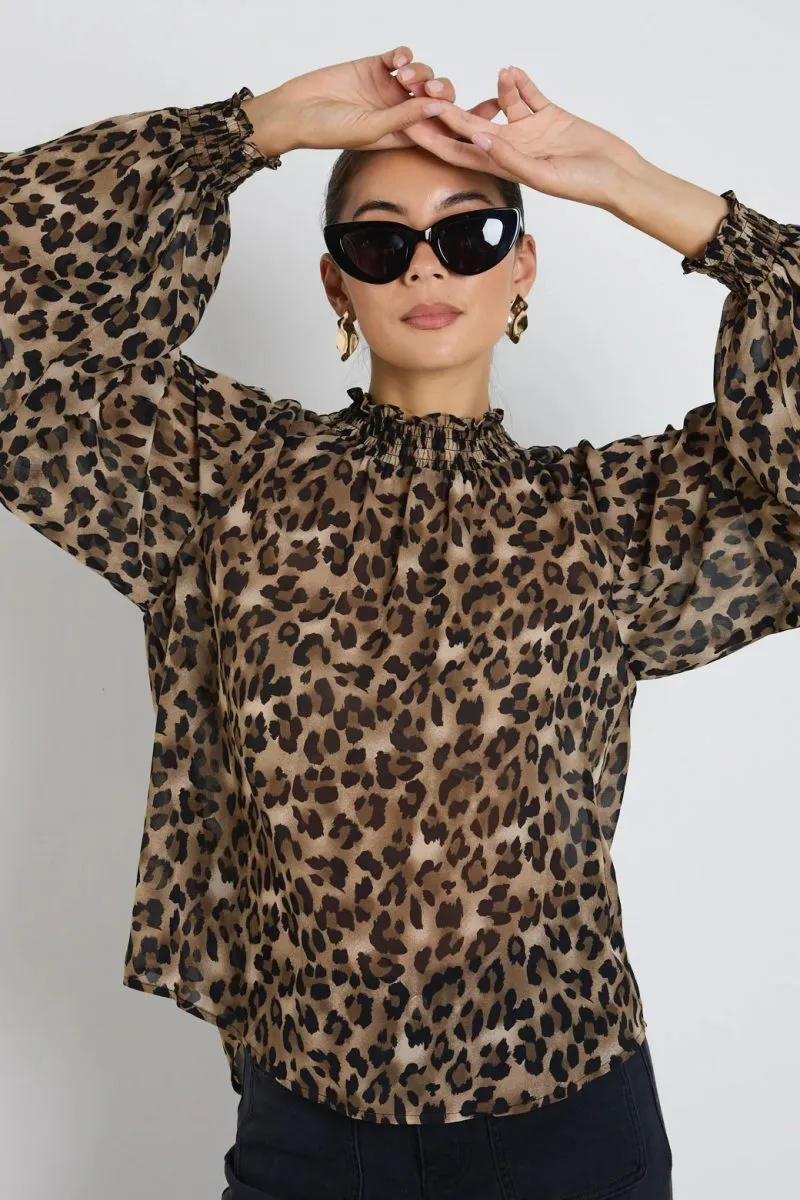 Among The Brave Embrace Georgette High Neck LS Top - Leopard