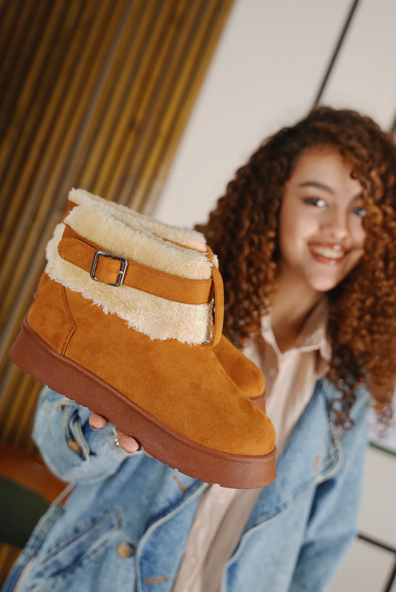 Casual Winter Boots with Plush Cuff - Camel