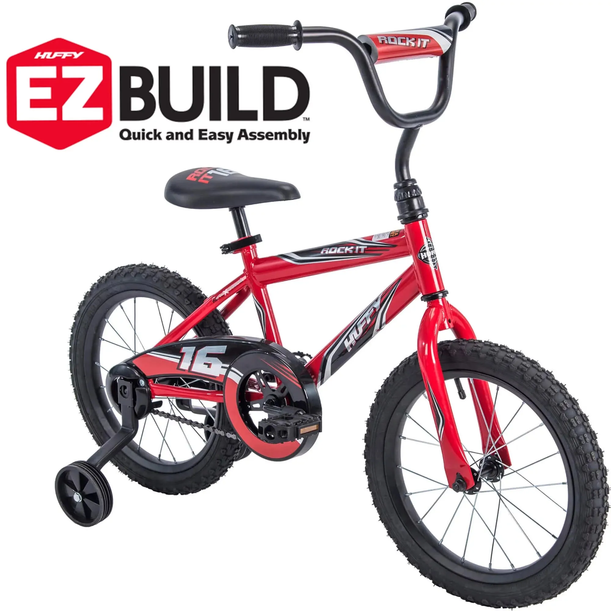 Huffy 16" Rock It Kids Bicycle, for Kids Ages 4  Years, Training Wheels, Red