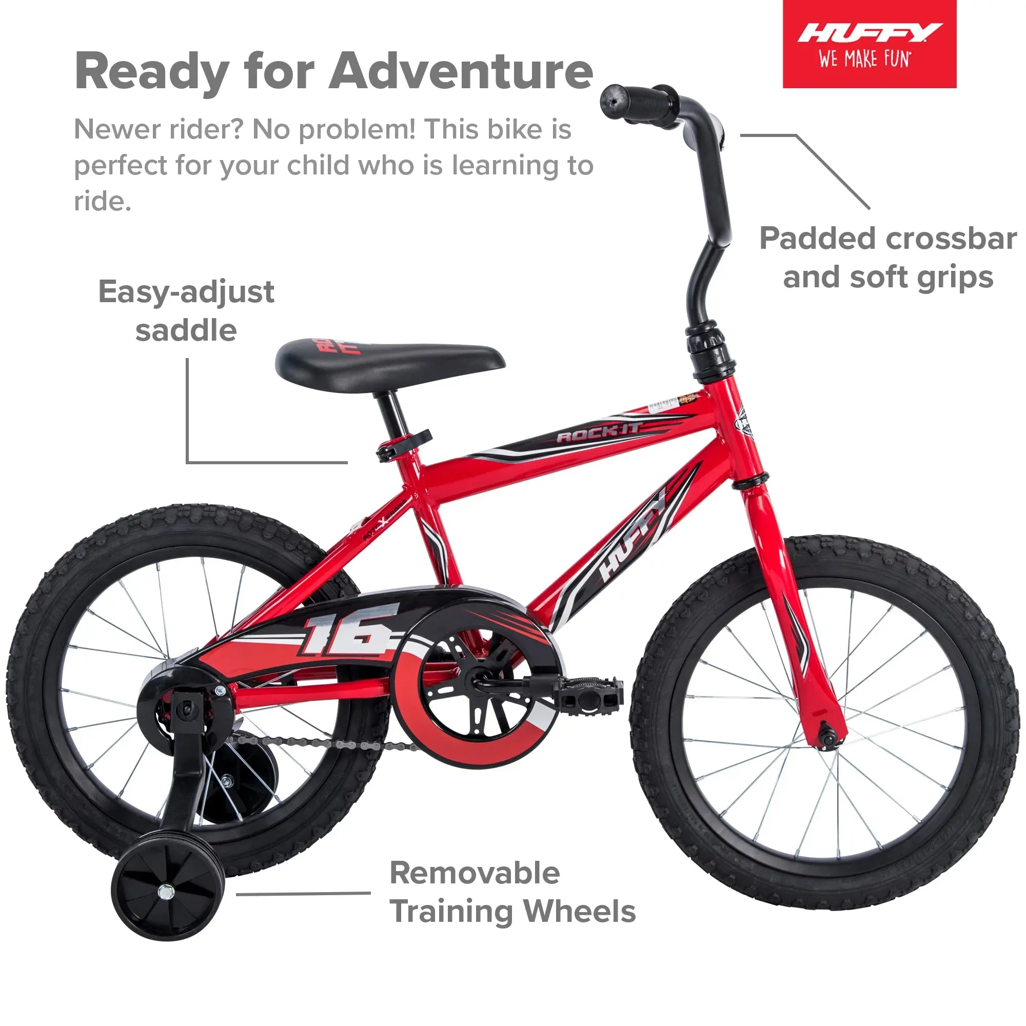Huffy 16" Rock It Kids Bicycle, for Kids Ages 4  Years, Training Wheels, Red