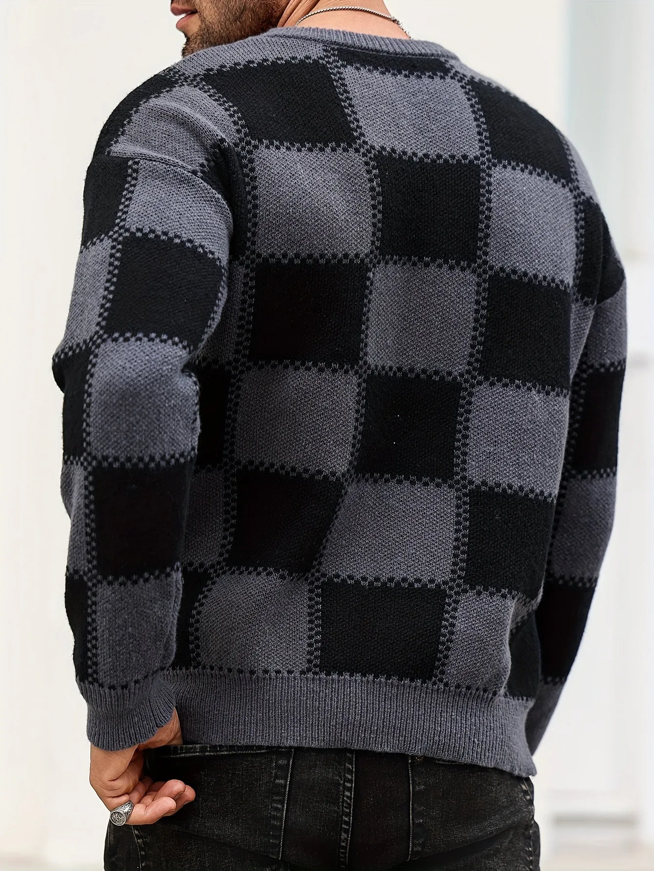 PIERSEN | Mens Sweater with Color Blocks and Checked Pattern