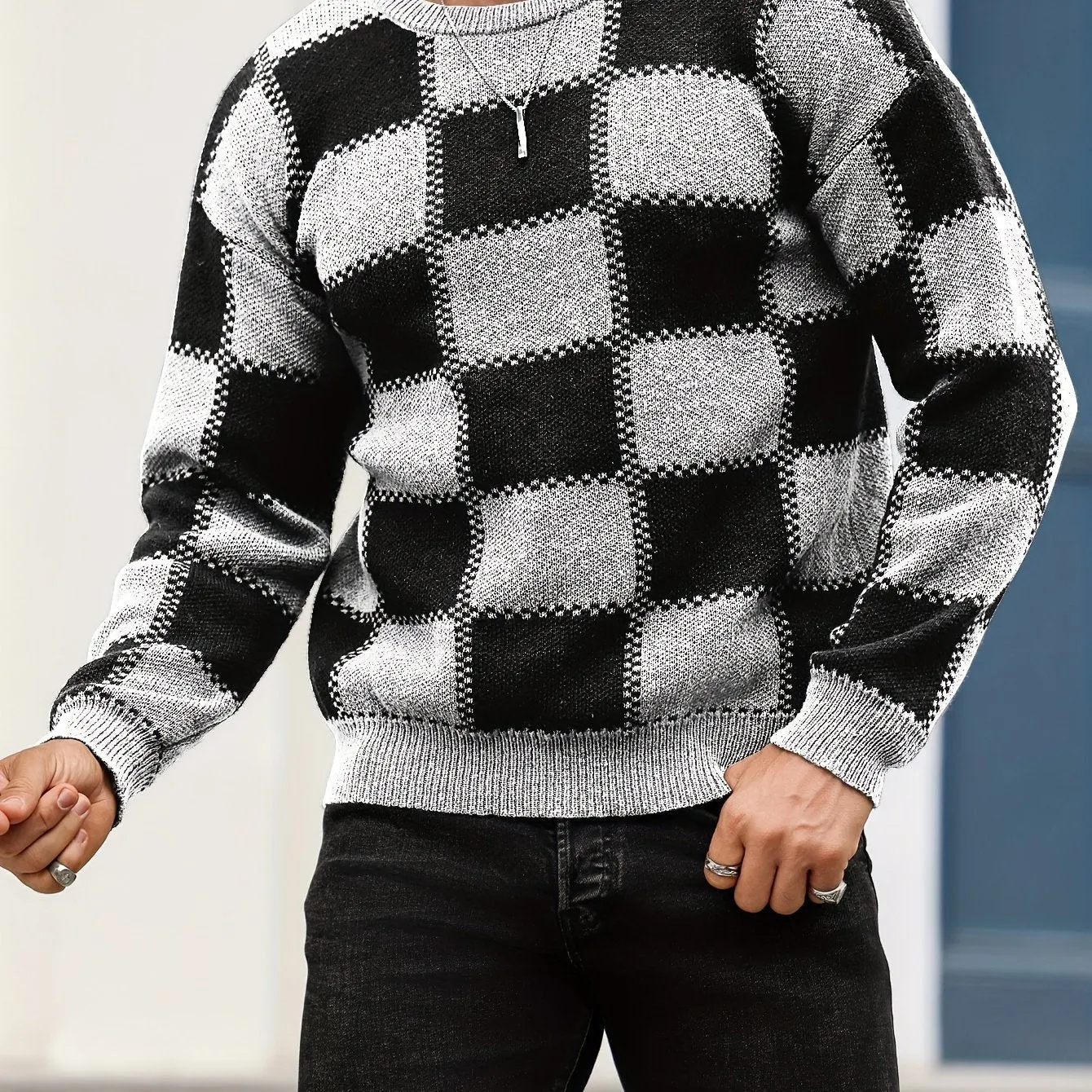 PIERSEN | Mens Sweater with Color Blocks and Checked Pattern