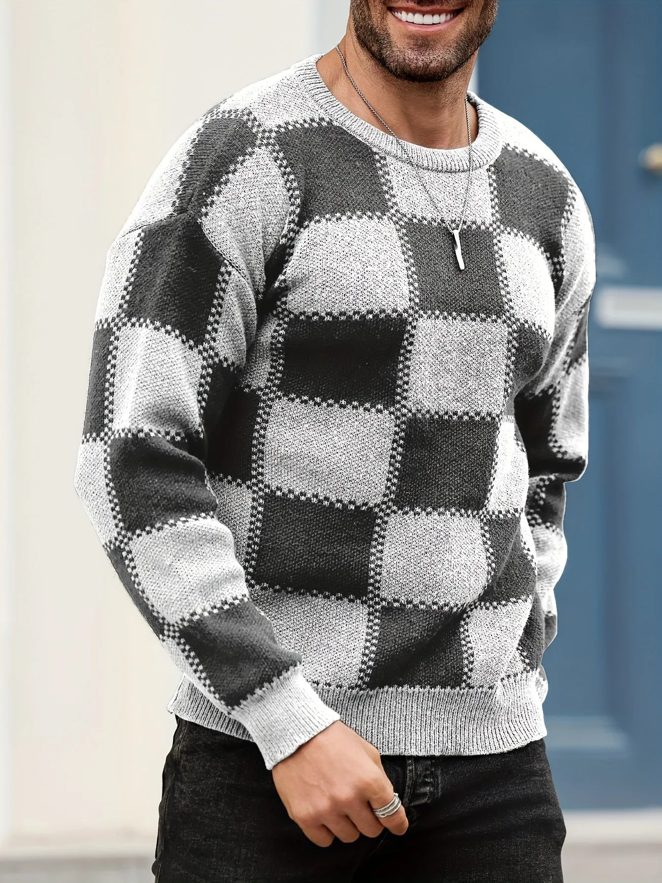 PIERSEN | Mens Sweater with Color Blocks and Checked Pattern