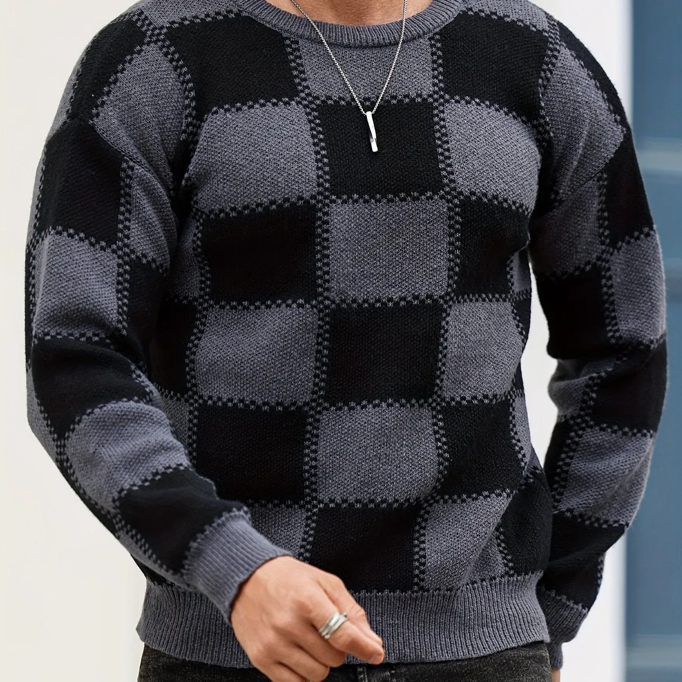 PIERSEN | Mens Sweater with Color Blocks and Checked Pattern