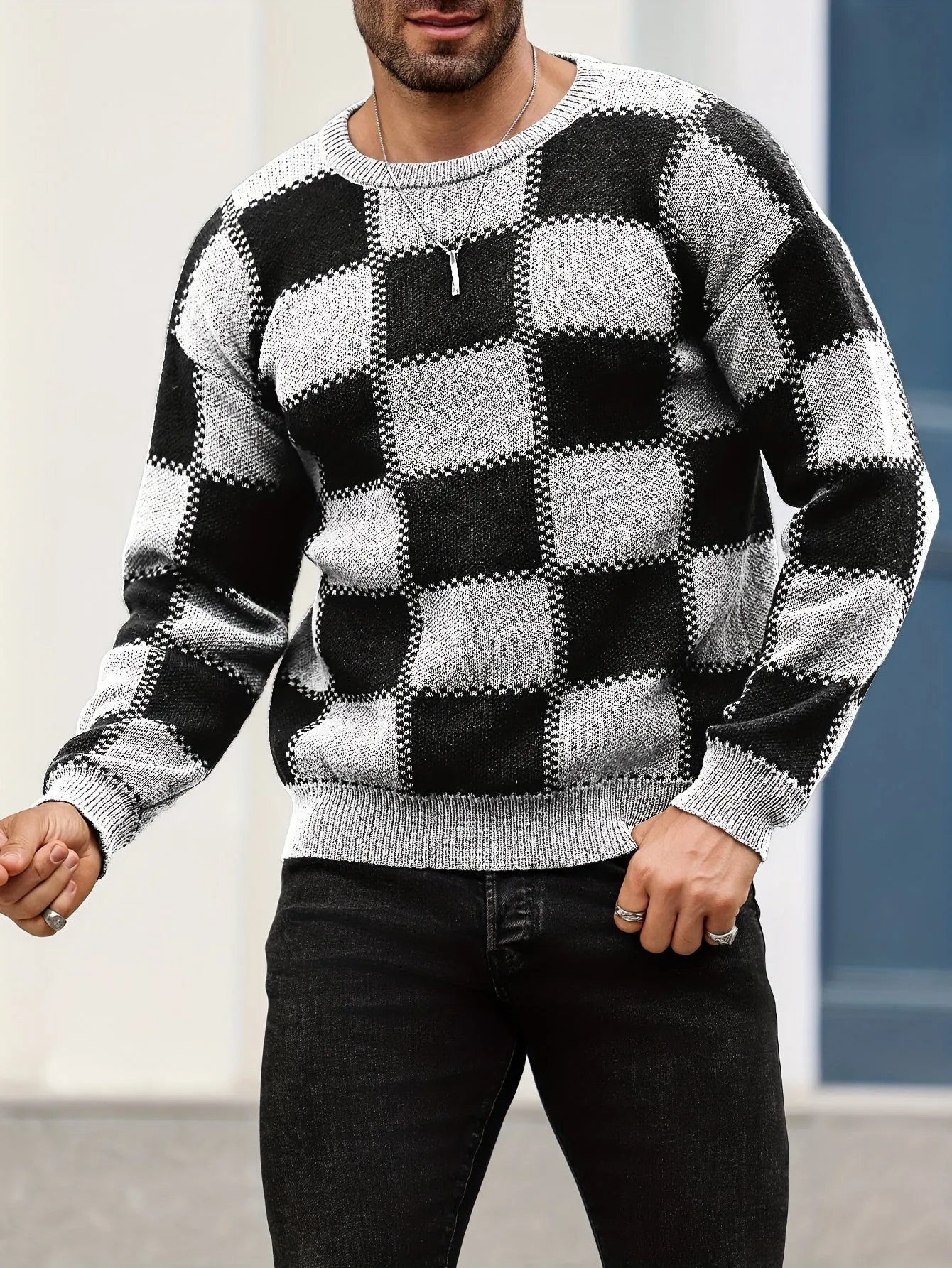 PIERSEN | Mens Sweater with Color Blocks and Checked Pattern