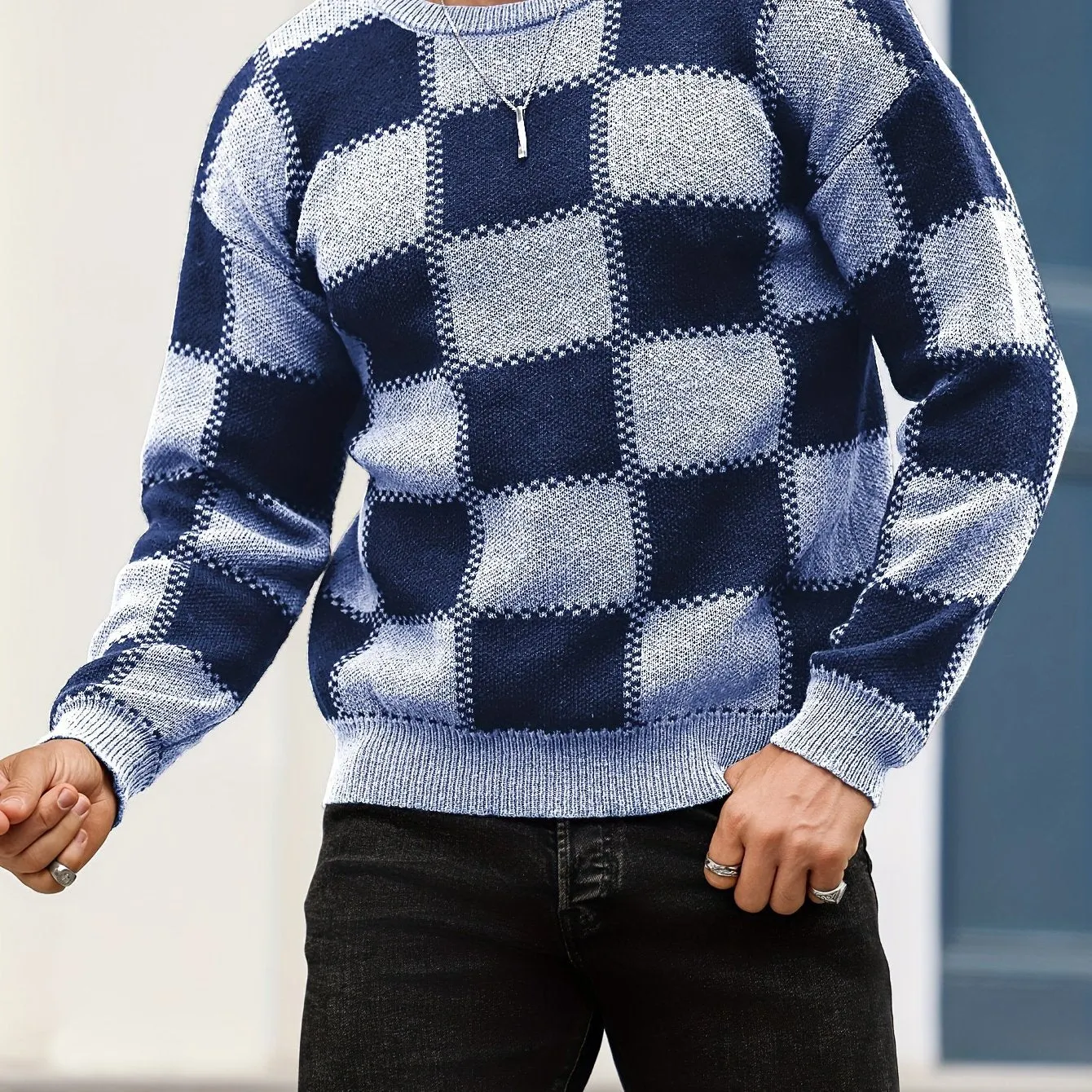 PIERSEN | Mens Sweater with Color Blocks and Checked Pattern