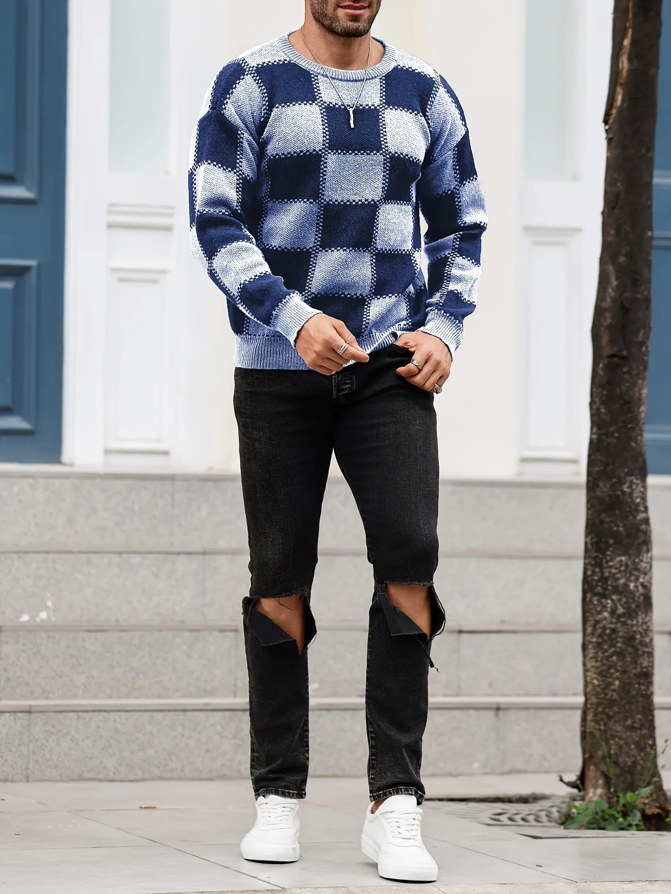 PIERSEN | Mens Sweater with Color Blocks and Checked Pattern