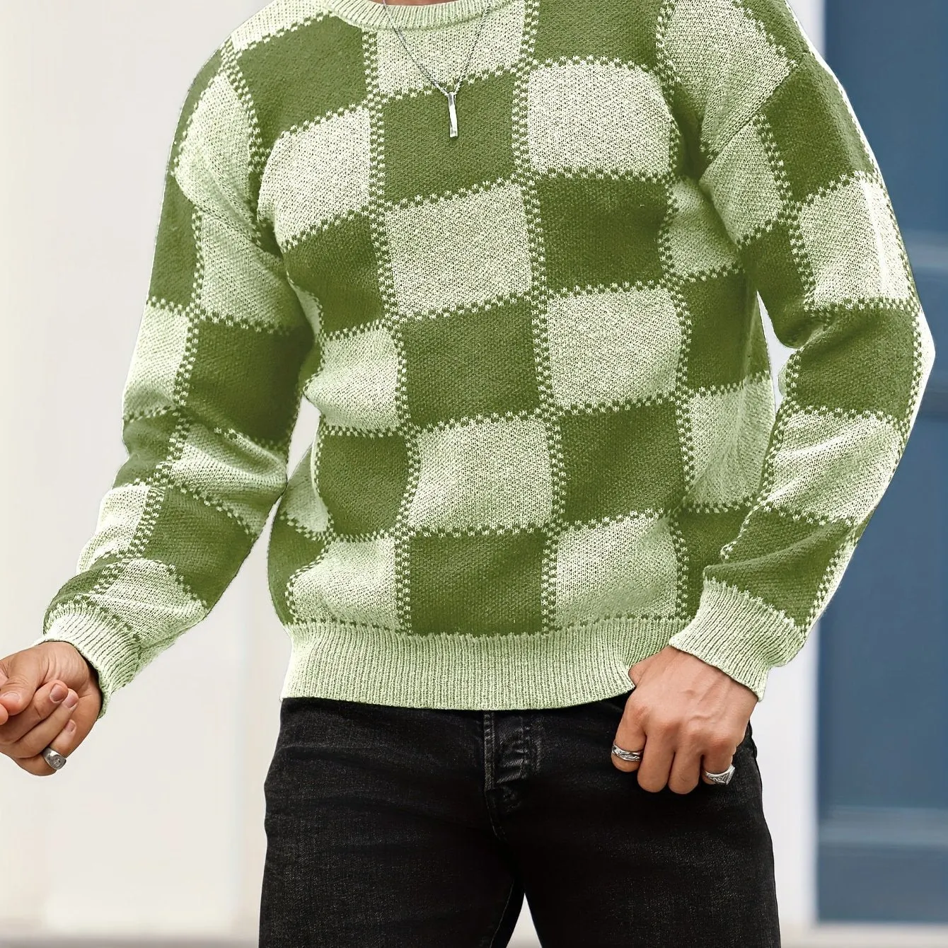PIERSEN | Mens Sweater with Color Blocks and Checked Pattern