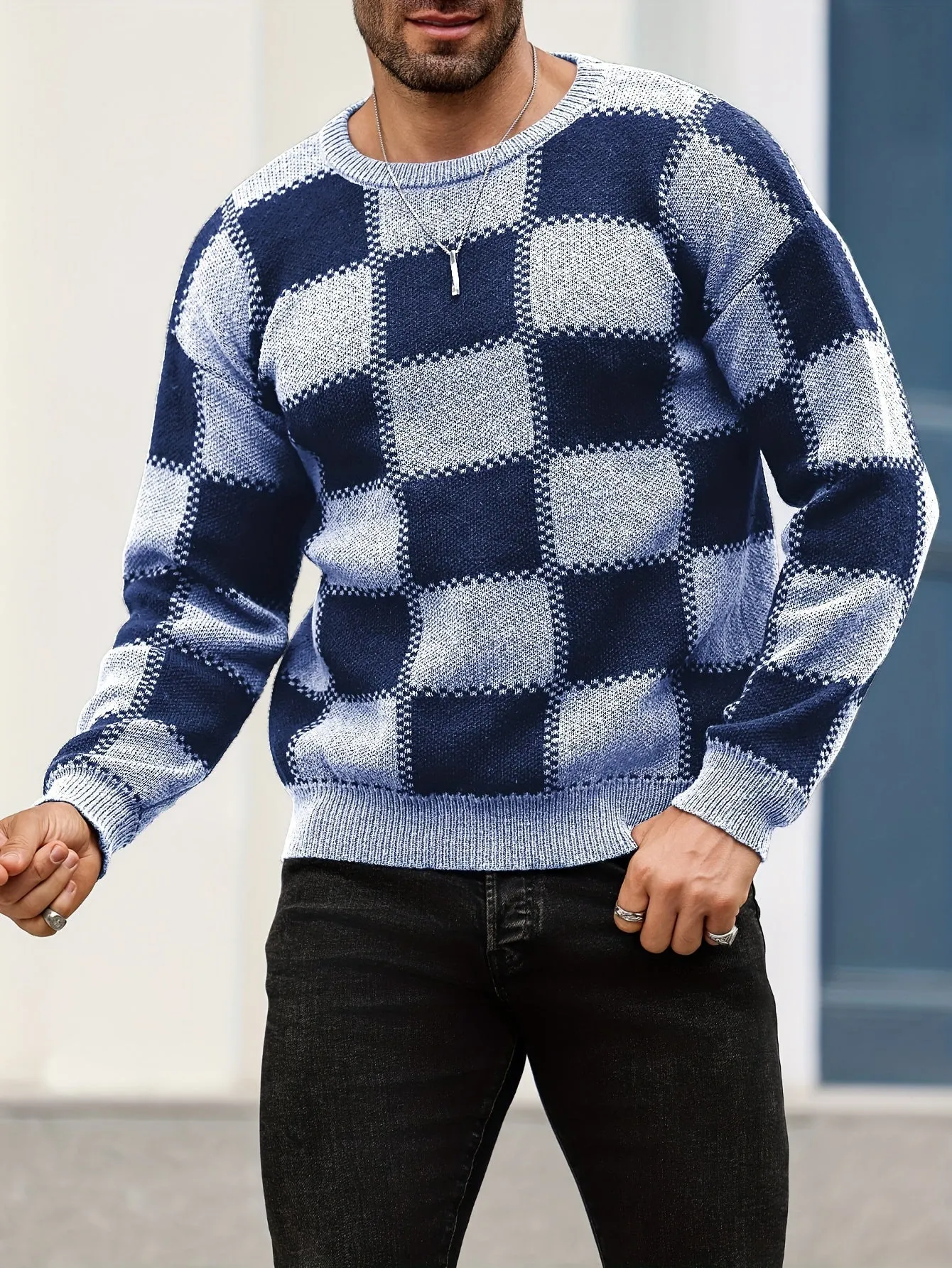 PIERSEN | Mens Sweater with Color Blocks and Checked Pattern