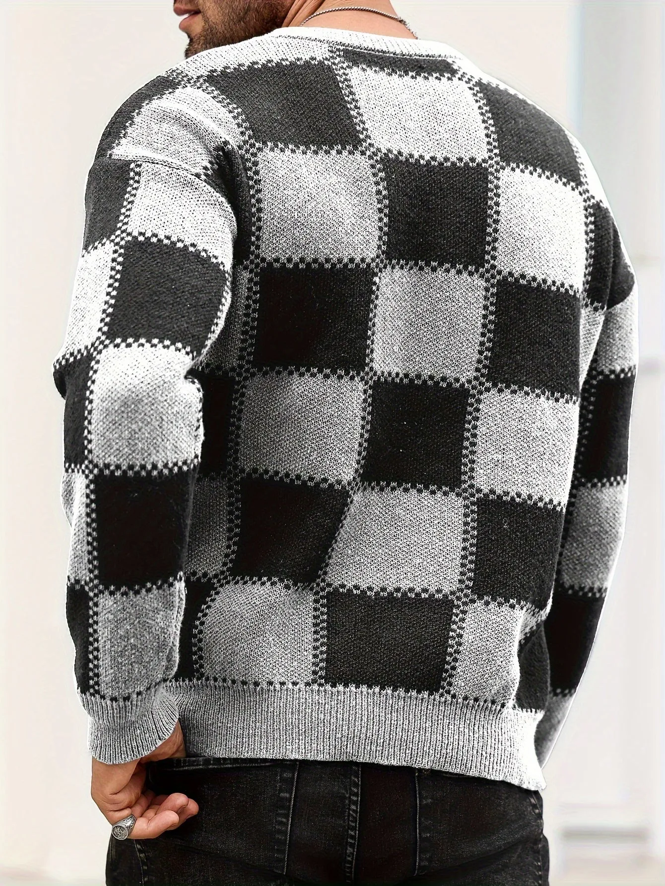 PIERSEN | Mens Sweater with Color Blocks and Checked Pattern