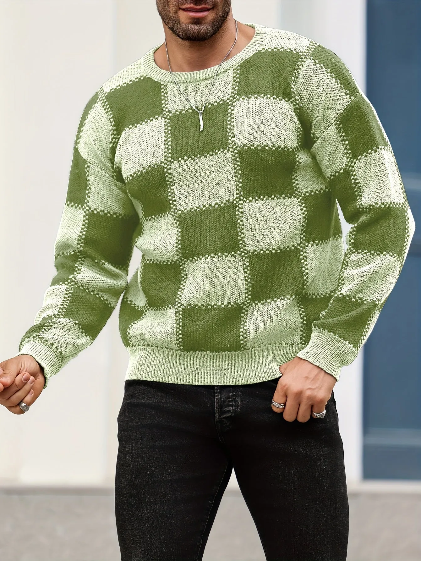 PIERSEN | Mens Sweater with Color Blocks and Checked Pattern