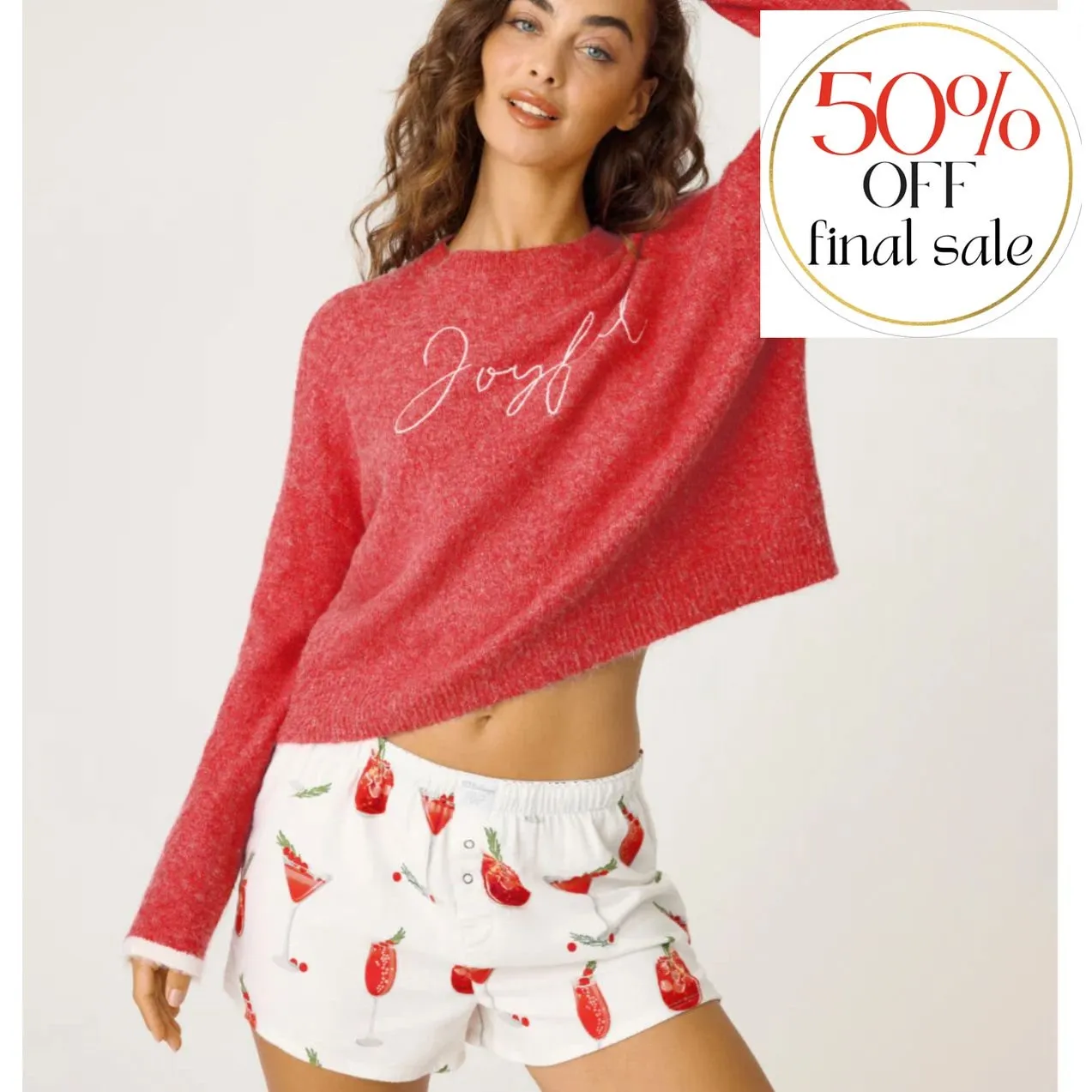 PJ Salvage Joyful Long Sleeve Sweater and Flannel Short PJ Set RPFLLS2