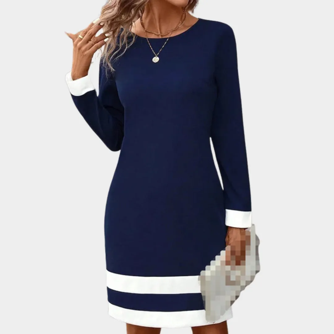 Women's Autumn Winter Fashion Color Block Dress  Round Neck Long Sleeve Casual Fit, Black, Blue, and More