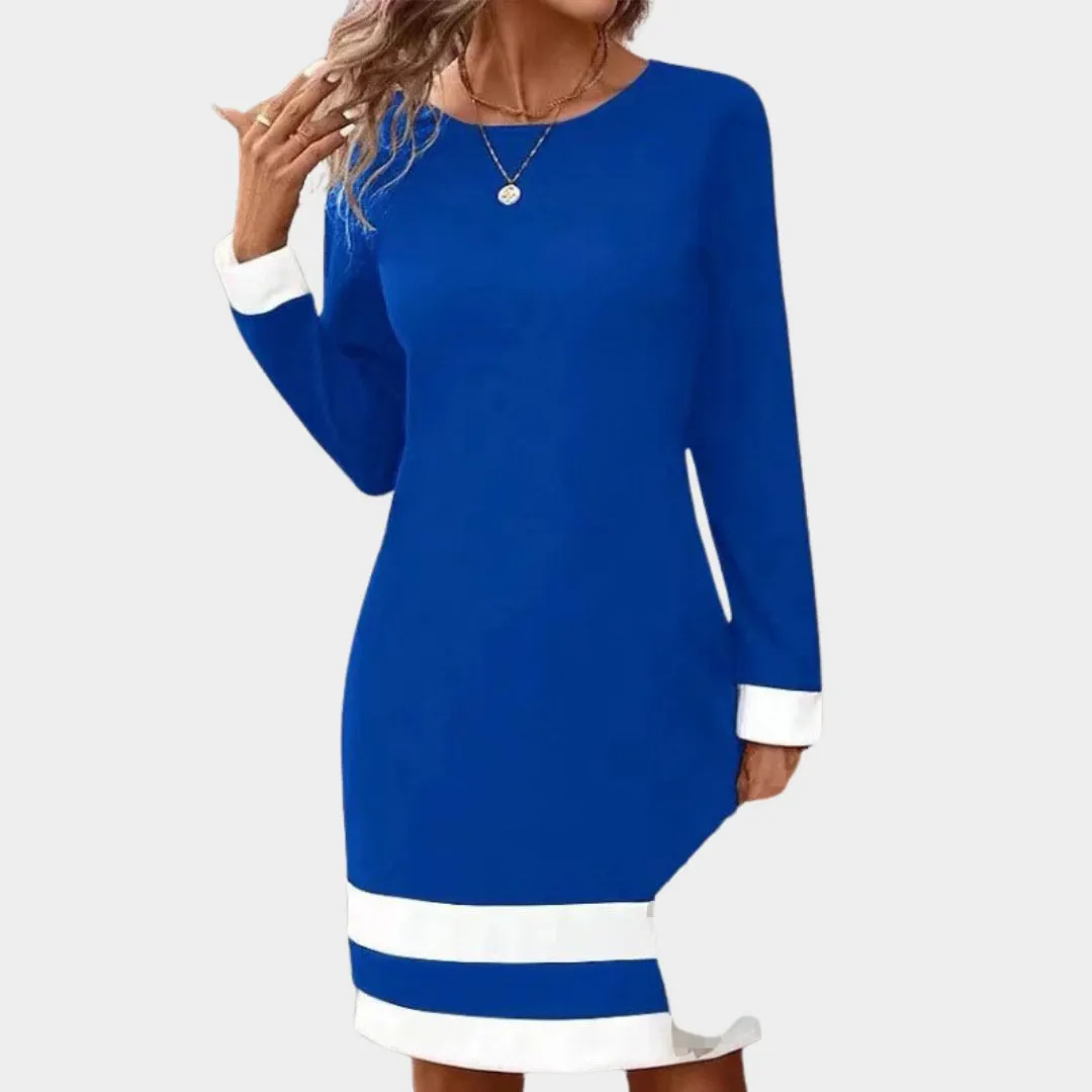 Women's Autumn Winter Fashion Color Block Dress  Round Neck Long Sleeve Casual Fit, Black, Blue, and More